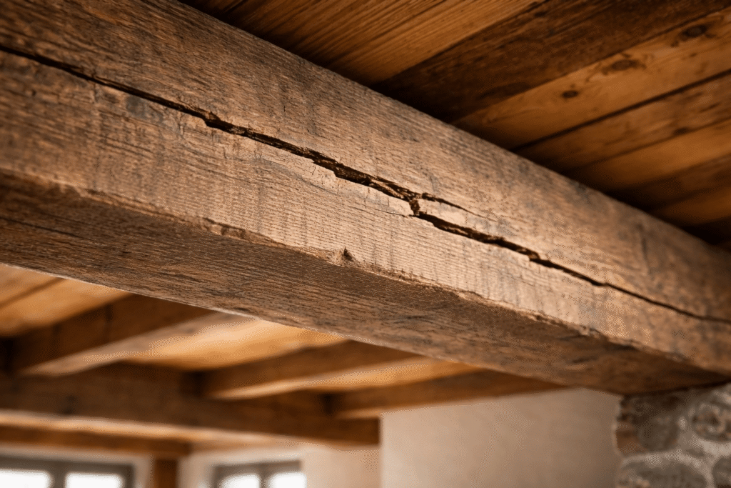 Fissure longitudinale d'une poutre de maison