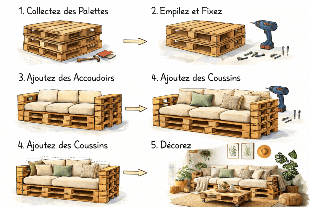 les différentes étapes pour monter un canapé en palette