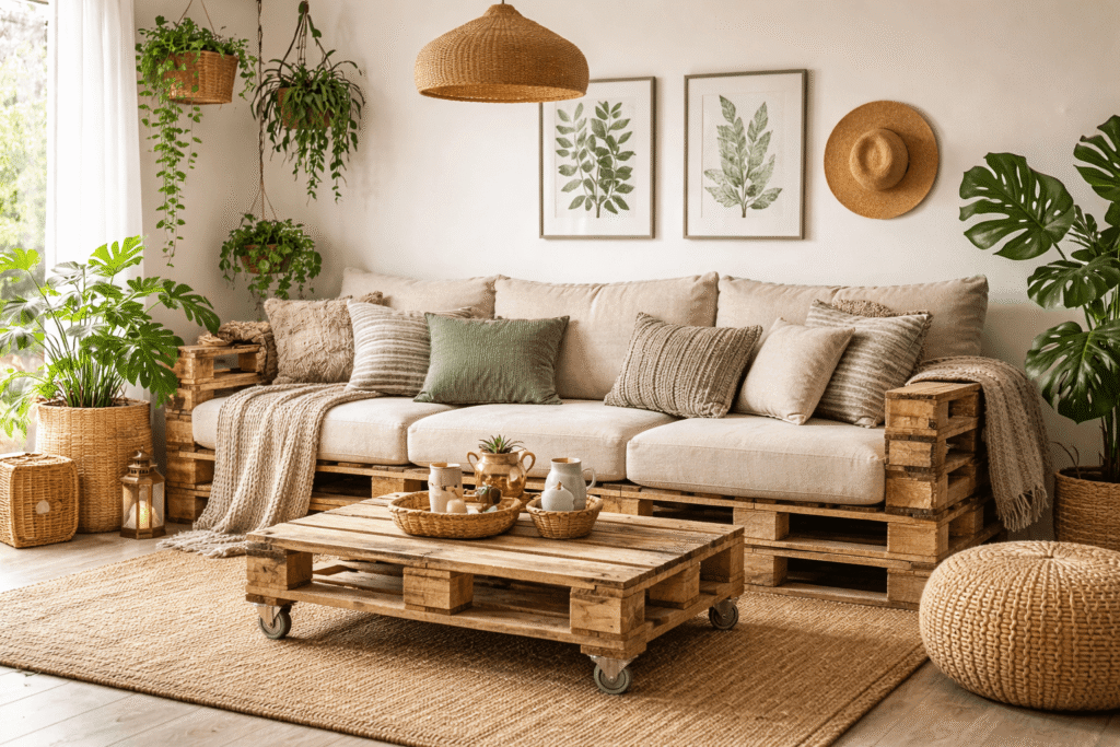 canapé en palette intérieur dans un petit salon